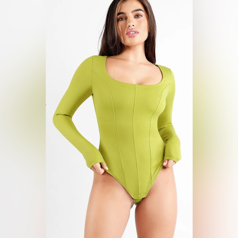 Popilush Shapewear Long Sleeve Tummy Control Thong Bodysuit - Green (XXL)